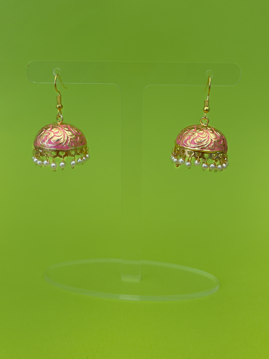 Pink-Painted Gold-Plated Meenakari Jhoomka with White Beads and Hook