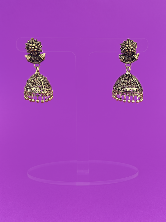 Floral-Design Gold-Plated Oxidised Jhoomka with Stem