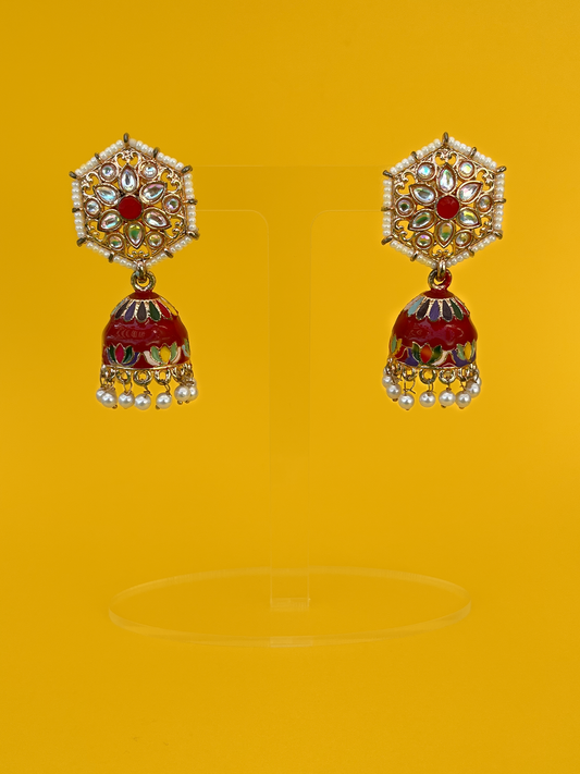 Red Hand-Painted Gold-Plated Kundan Jhoomka