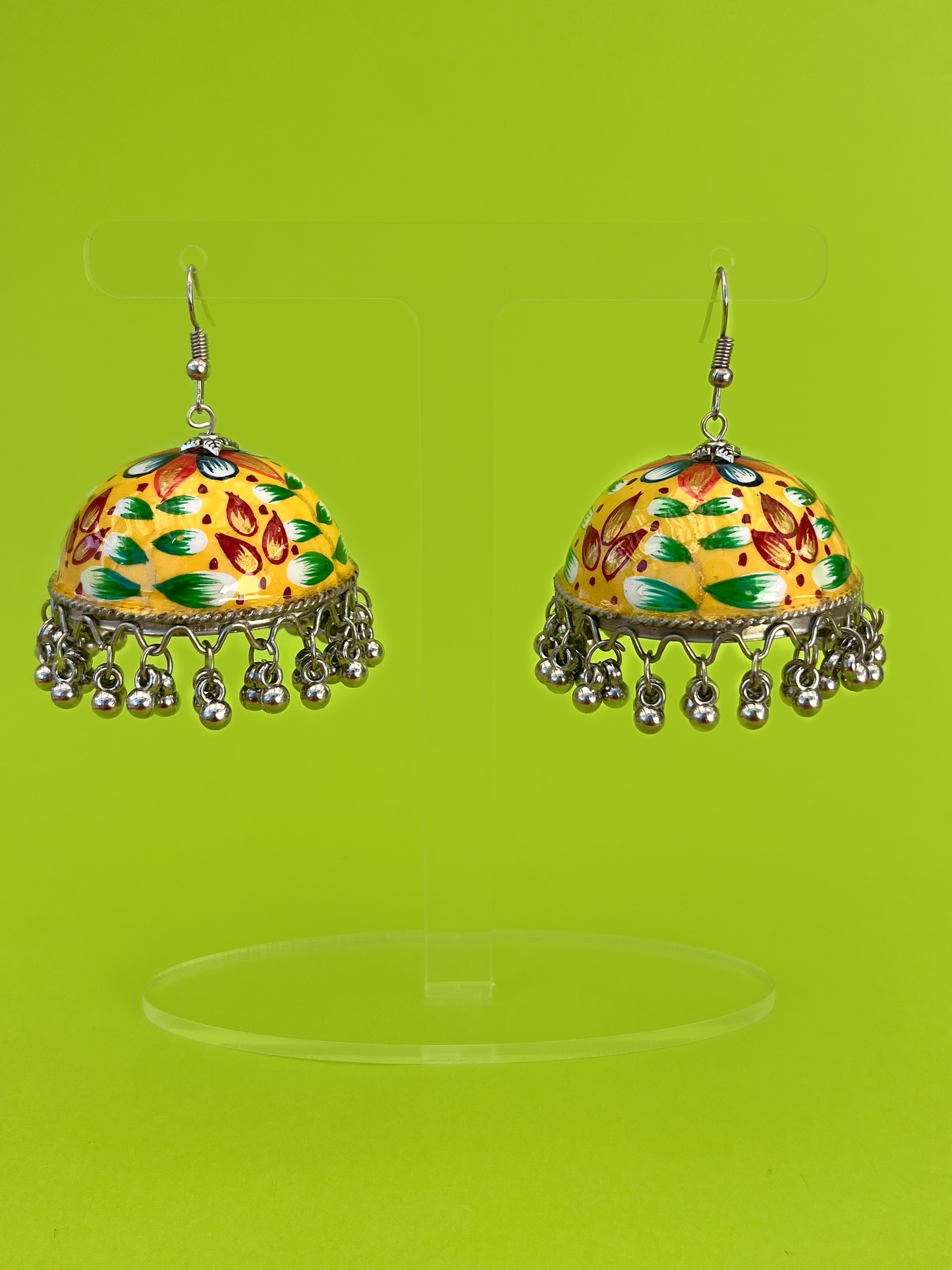 Yellow Hand-Painted Silver-Plated Meenakari Jhoomka