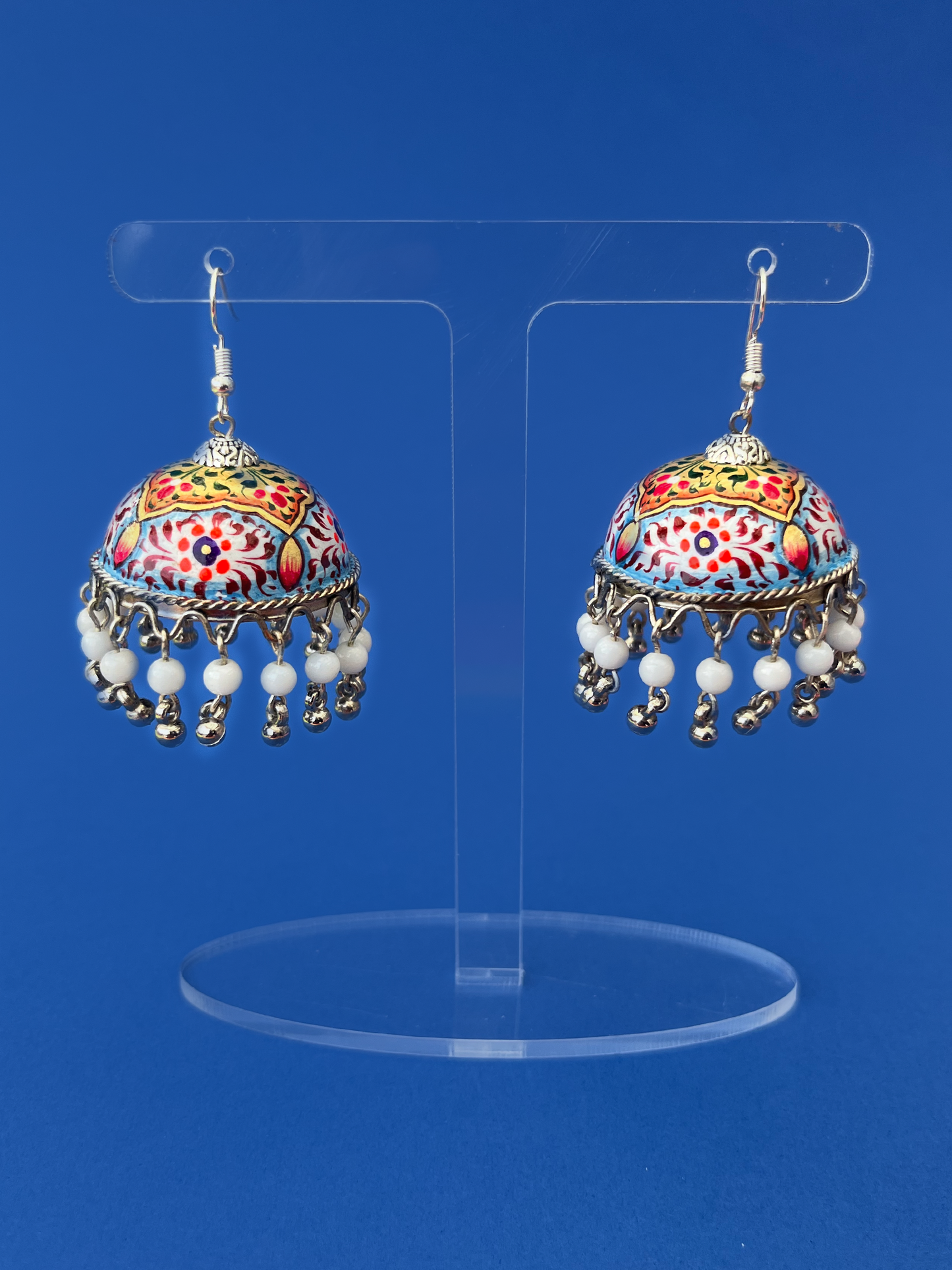 Gold and Light Blue Hand-Painted Silver-Plated Jhoomka with Hook and White Beads