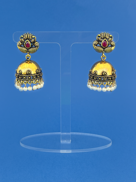 Gold-Plated Meenakari Jhoomka with Red Stone