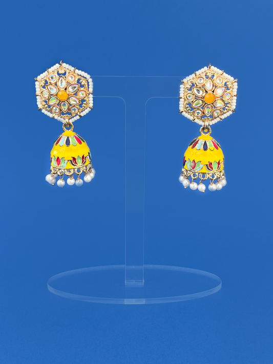 Yellow Hand-Painted Gold-Plated Kundan Jhoomka
