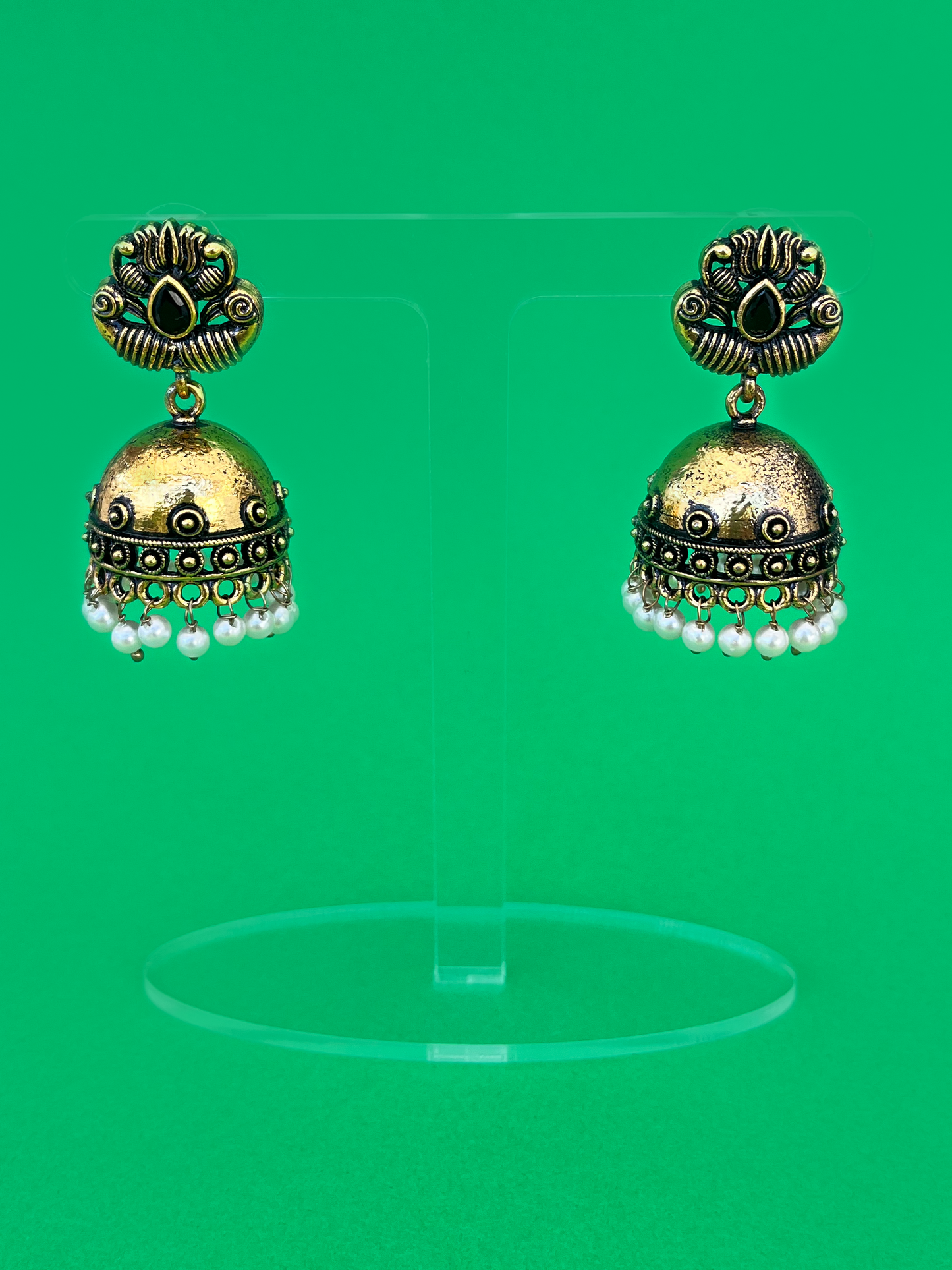Gold-Plated Meenakari Jhoomka with Black Stone