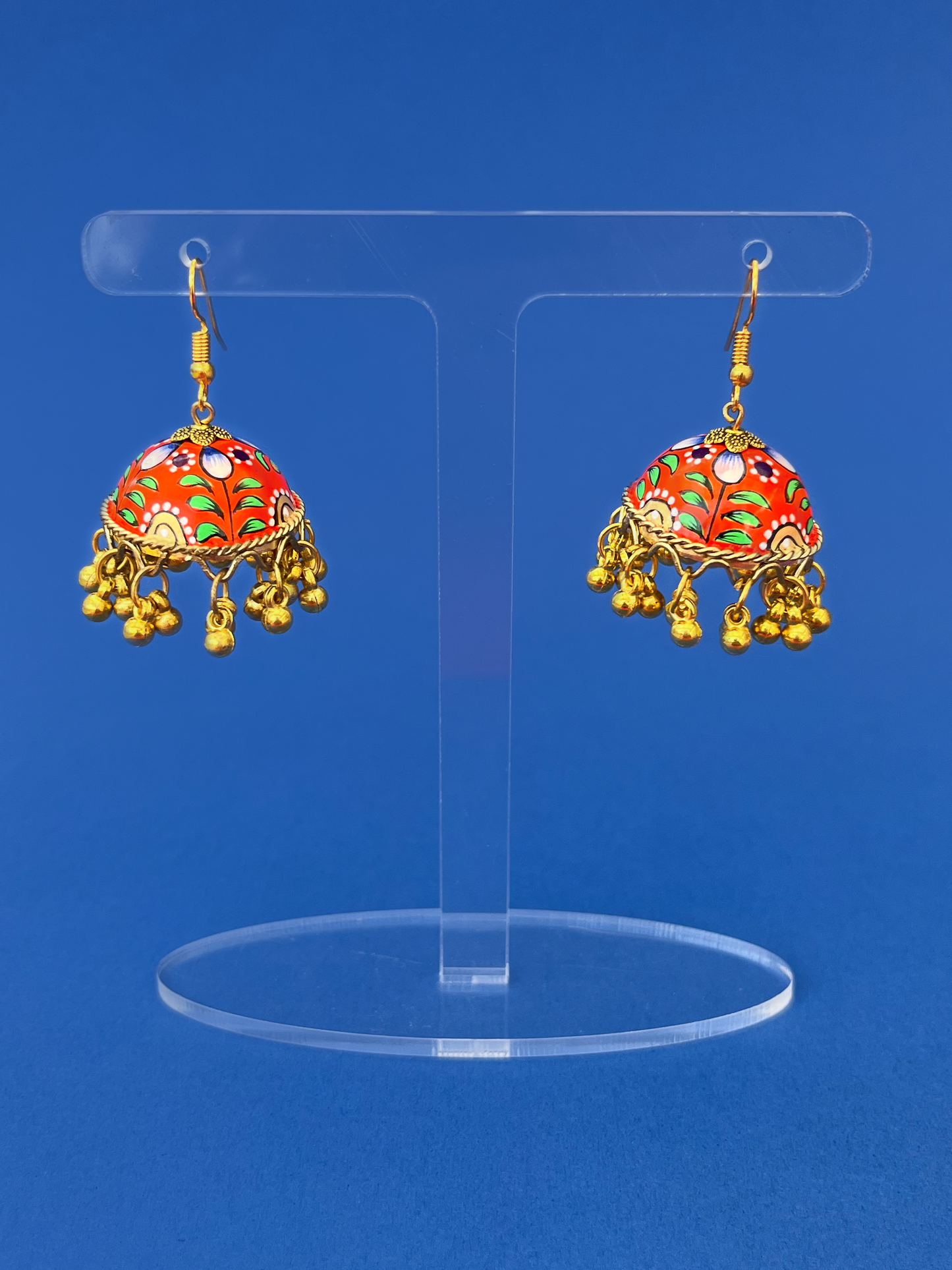 Orange and Green Hand-Painted Gold-Plated Jhoomka with Hook