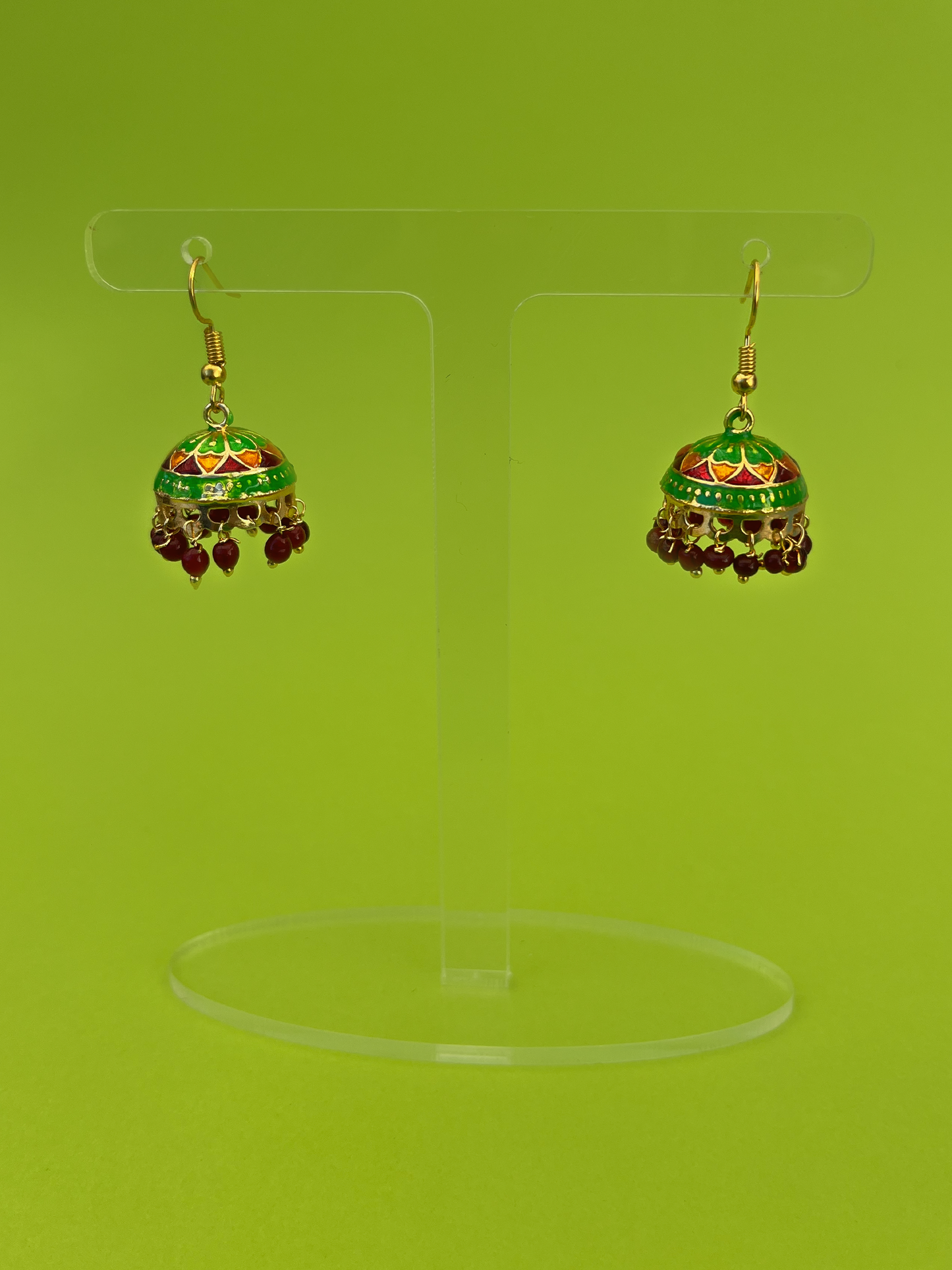 Mini Green and Yellow Gold-Plated Jhoomka with Red Beads