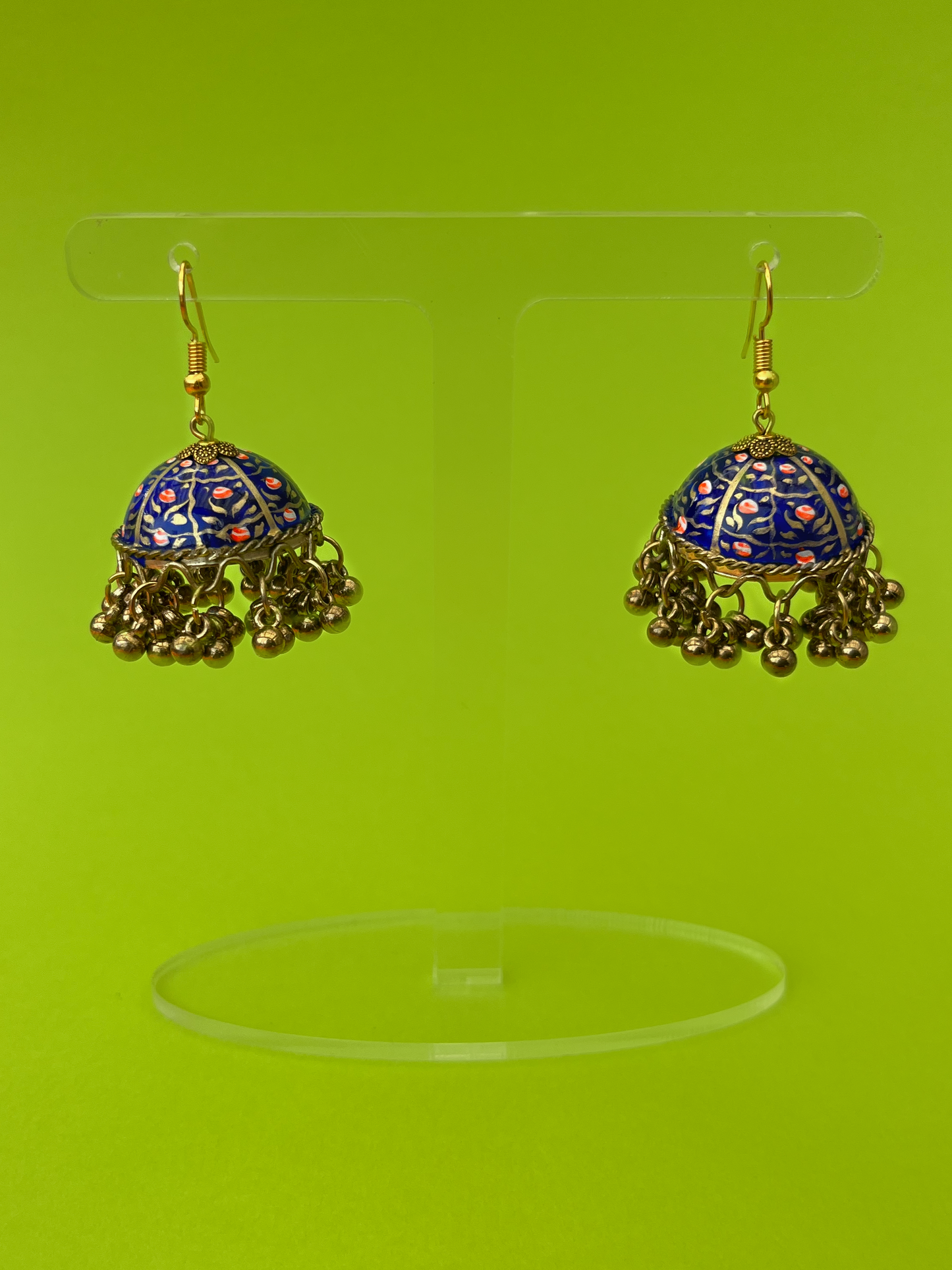 Admiral Blue and Gold Hand-Painted Gold-Plated Jhoomka with Hook