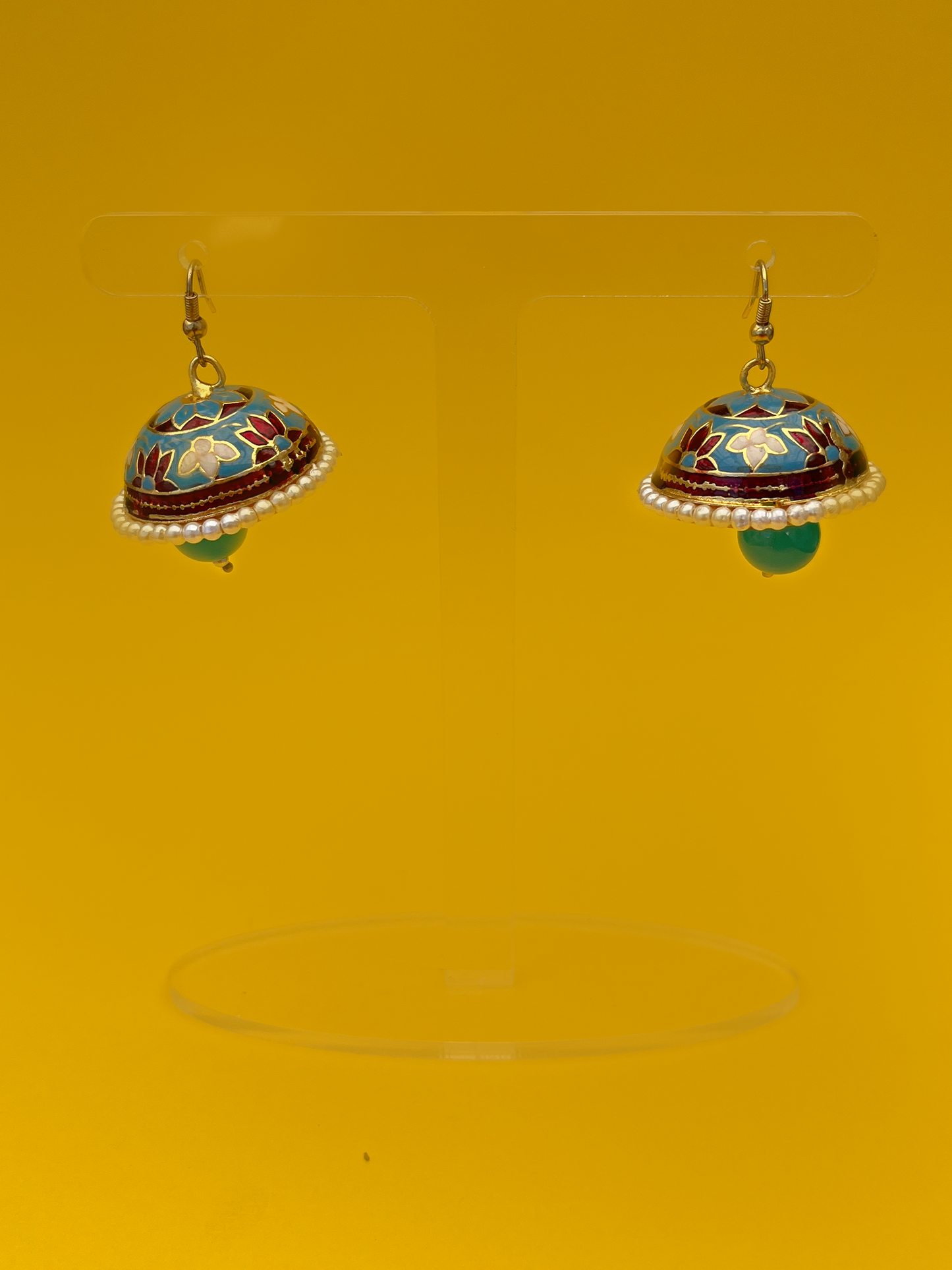Blue and Red Meenakari Jhoomka with Blue Stone and Hook