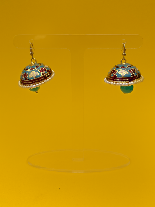 Blue and Red Meenakari Jhoomka with Blue Stone and Hook