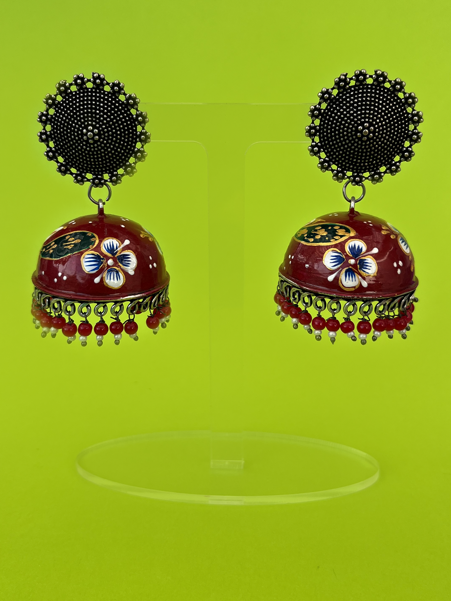 Maroon Hand-Painted Meenakari Jhoomka with Peacock