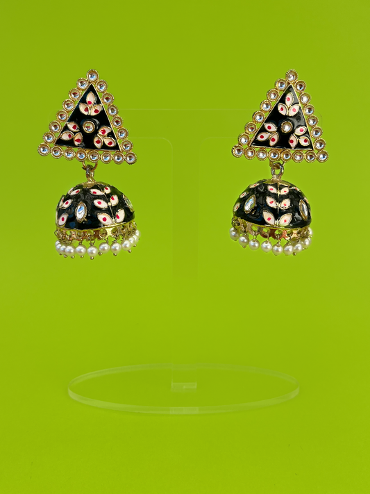 Black and White Hand-Painted Gold-Plated Meenakari Jhoomka