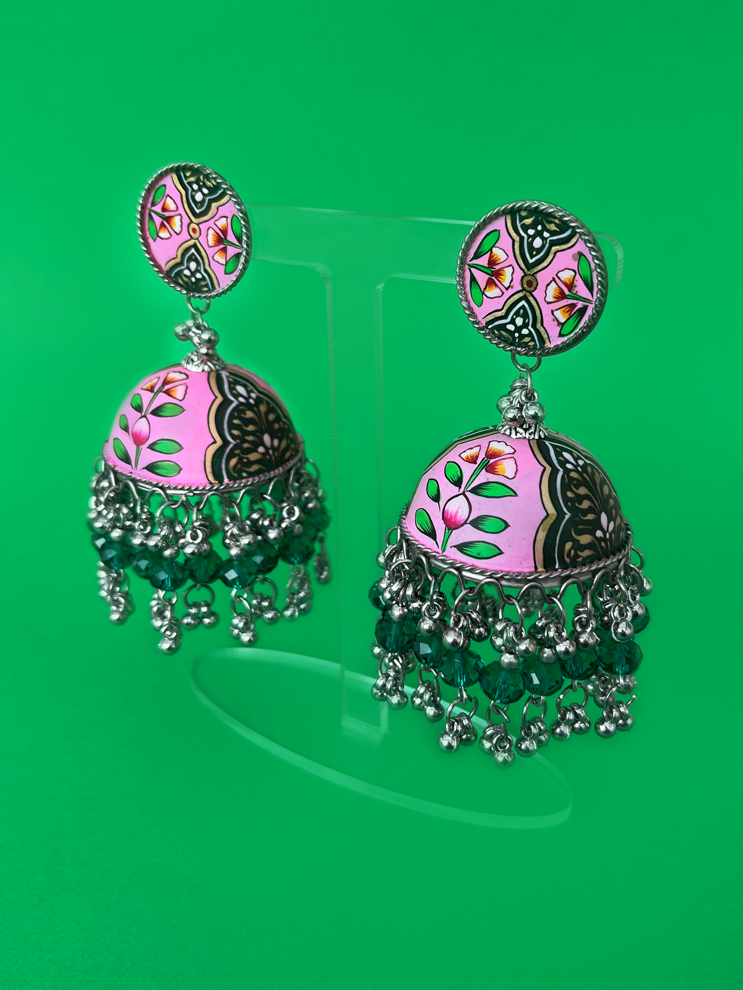 Pink and Green Hand-Painted Jhoomka with Assorted Beads