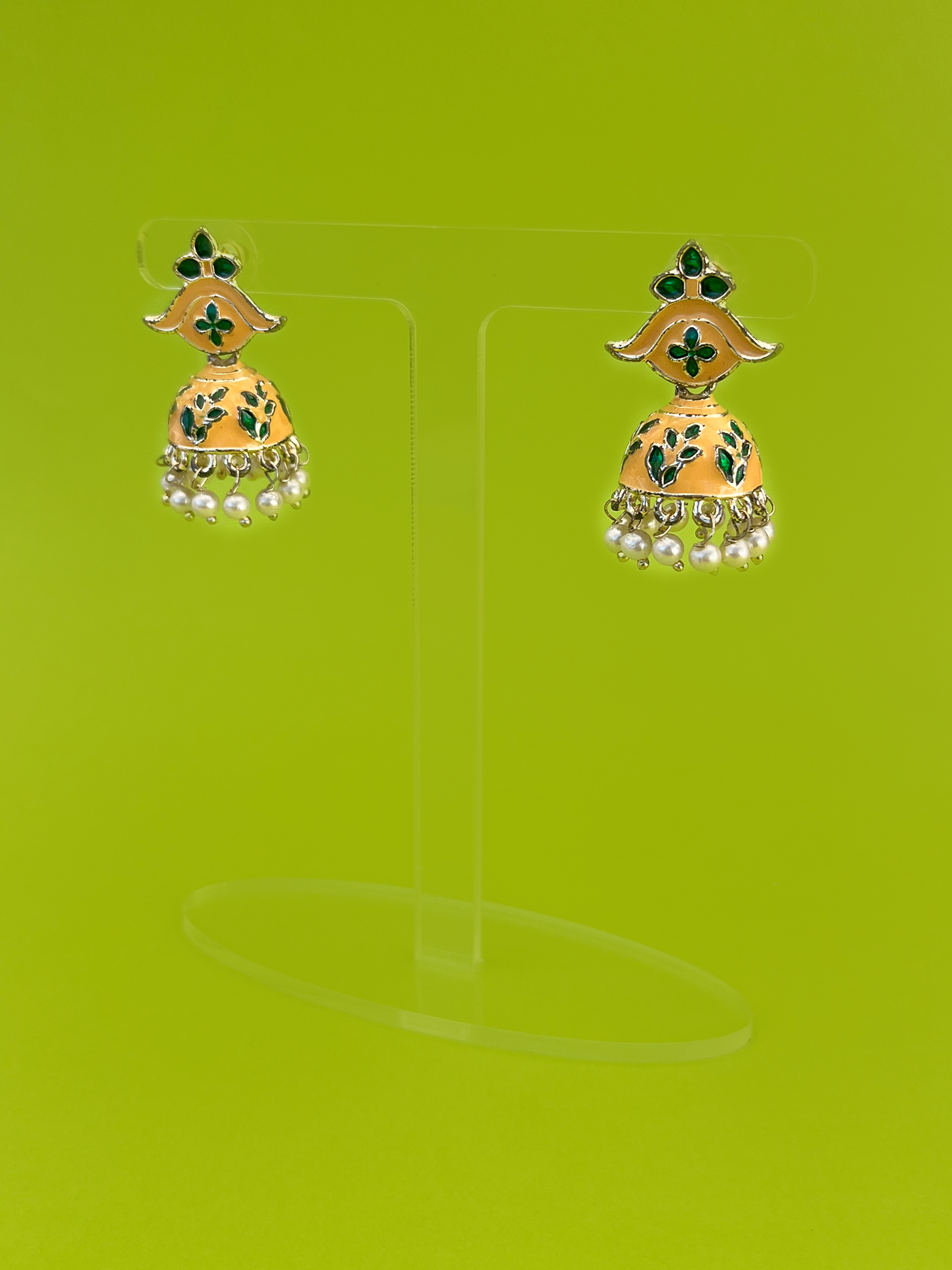 Gold-Plated Peach and Green Hand-Painted Jhoomka with Stem