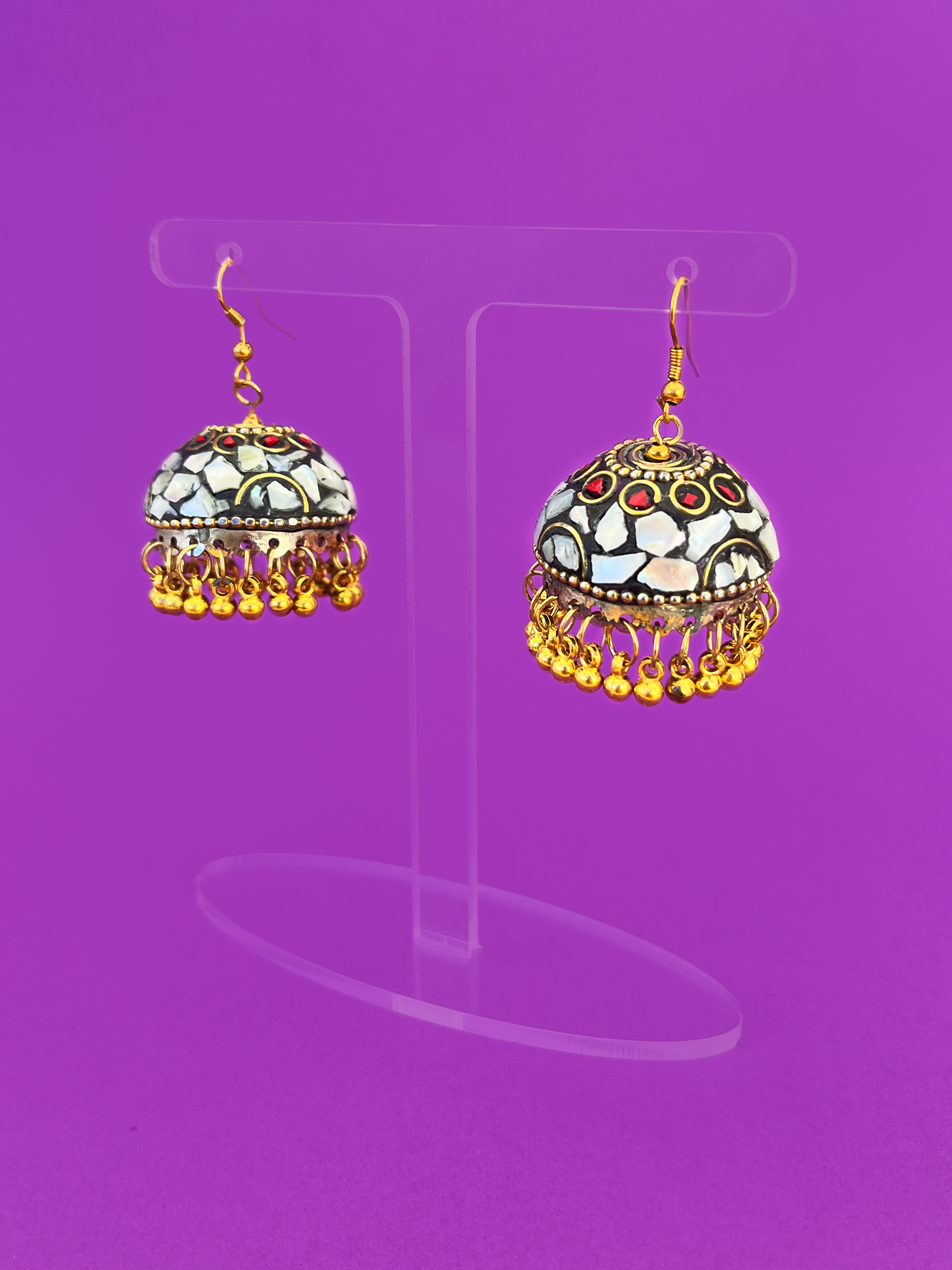 Mother of Pearl Stone Gold-Plated Meenakari Jhoomka with Gold-Plated Beads