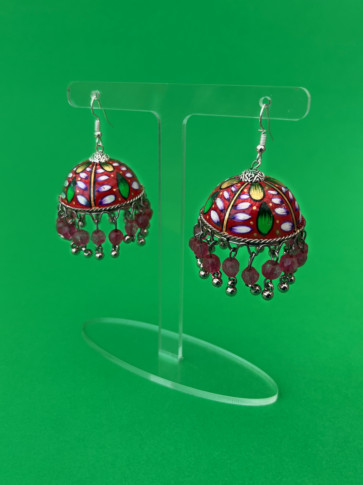 Ruby Red Hand-Painted Silver-Plated Jhoomka with Hook and Pink Beads