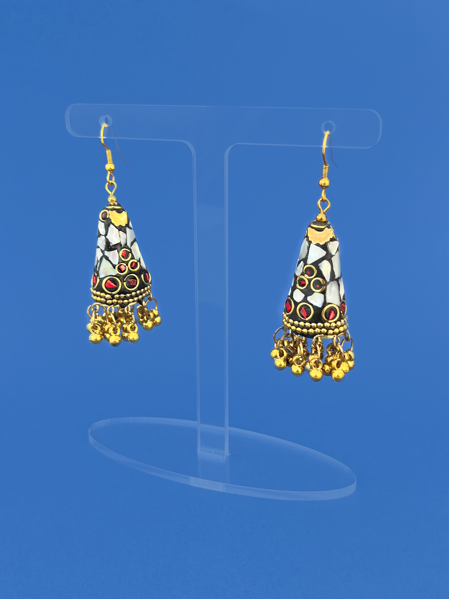 Mother of Pearl Stone Gold-Plated Meenakari Jhoomka with Gold Beads