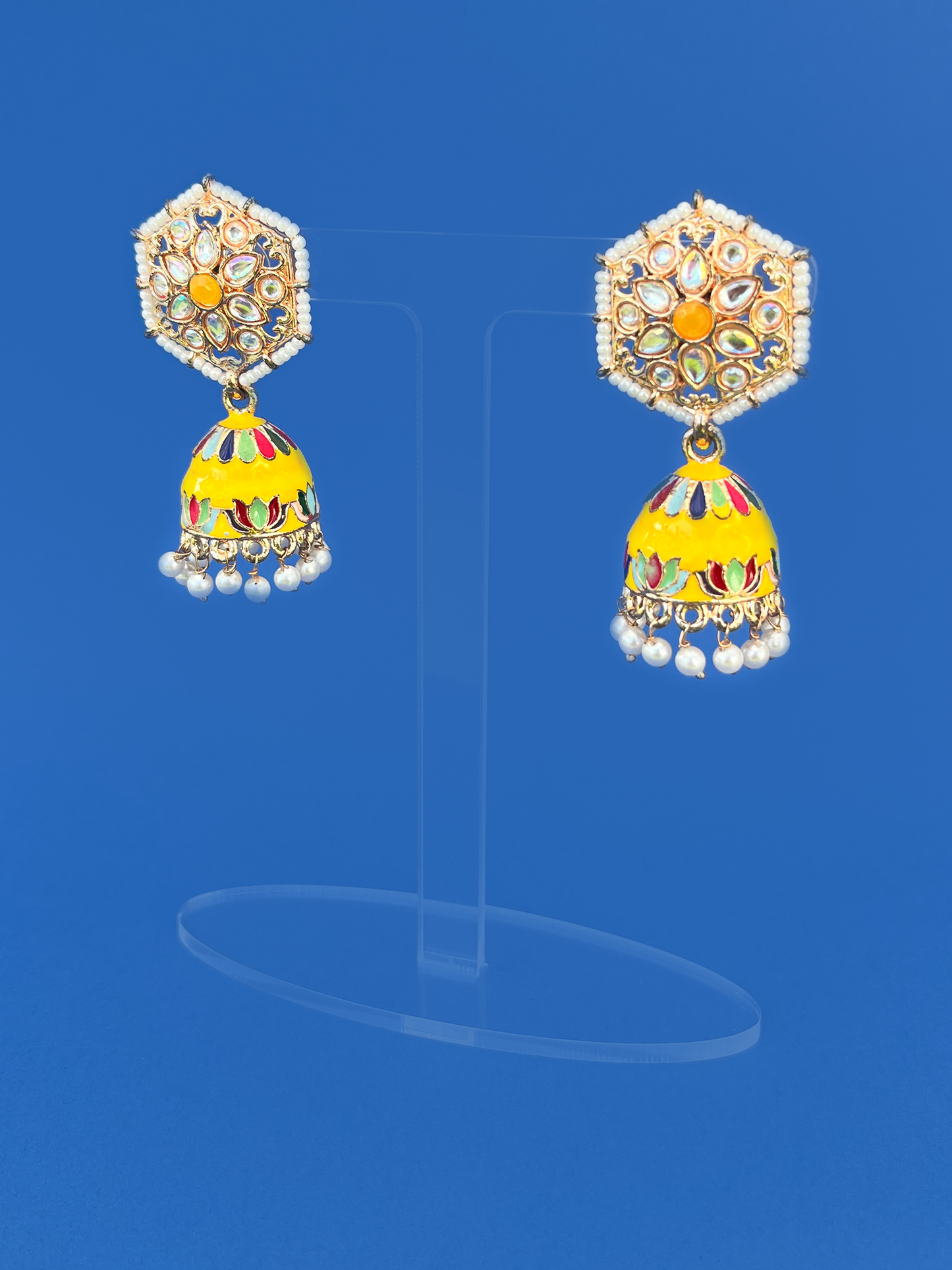 Yellow Hand-Painted Gold-Plated Kundan Jhoomka