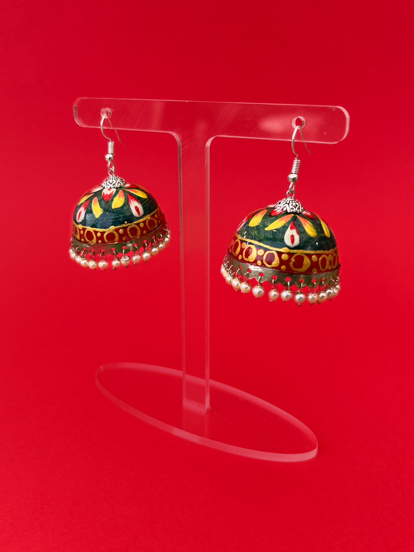 Dark Green and Red Hand-Painted Silver-Plated Jhoomka with Hook and Pearls