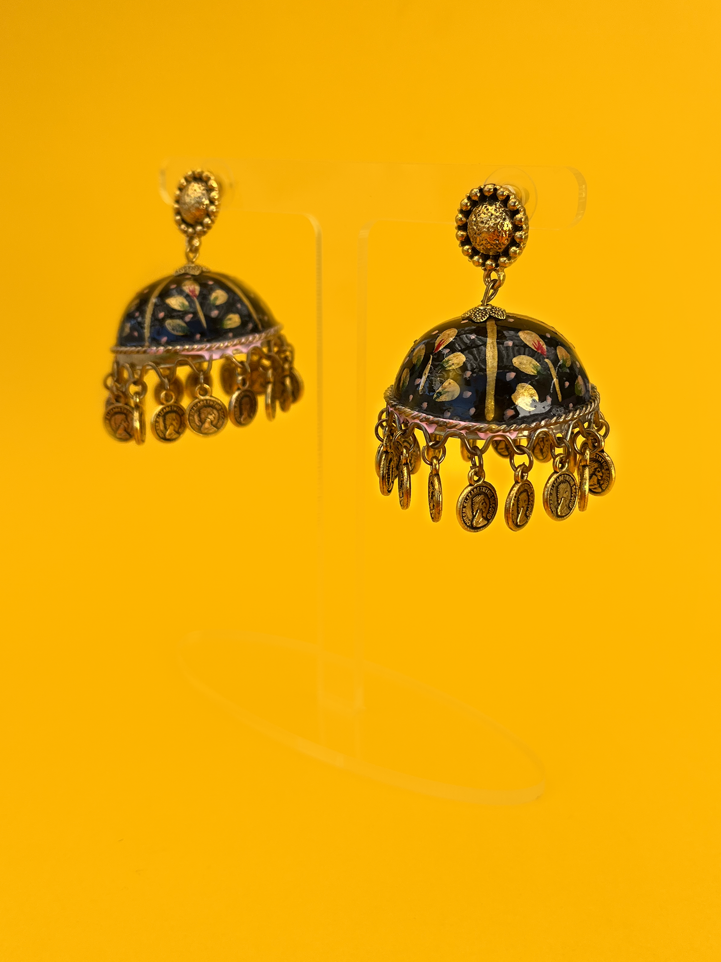 Black and Gold Hand-Painted Gold-Plated Meenakari Jhoomka