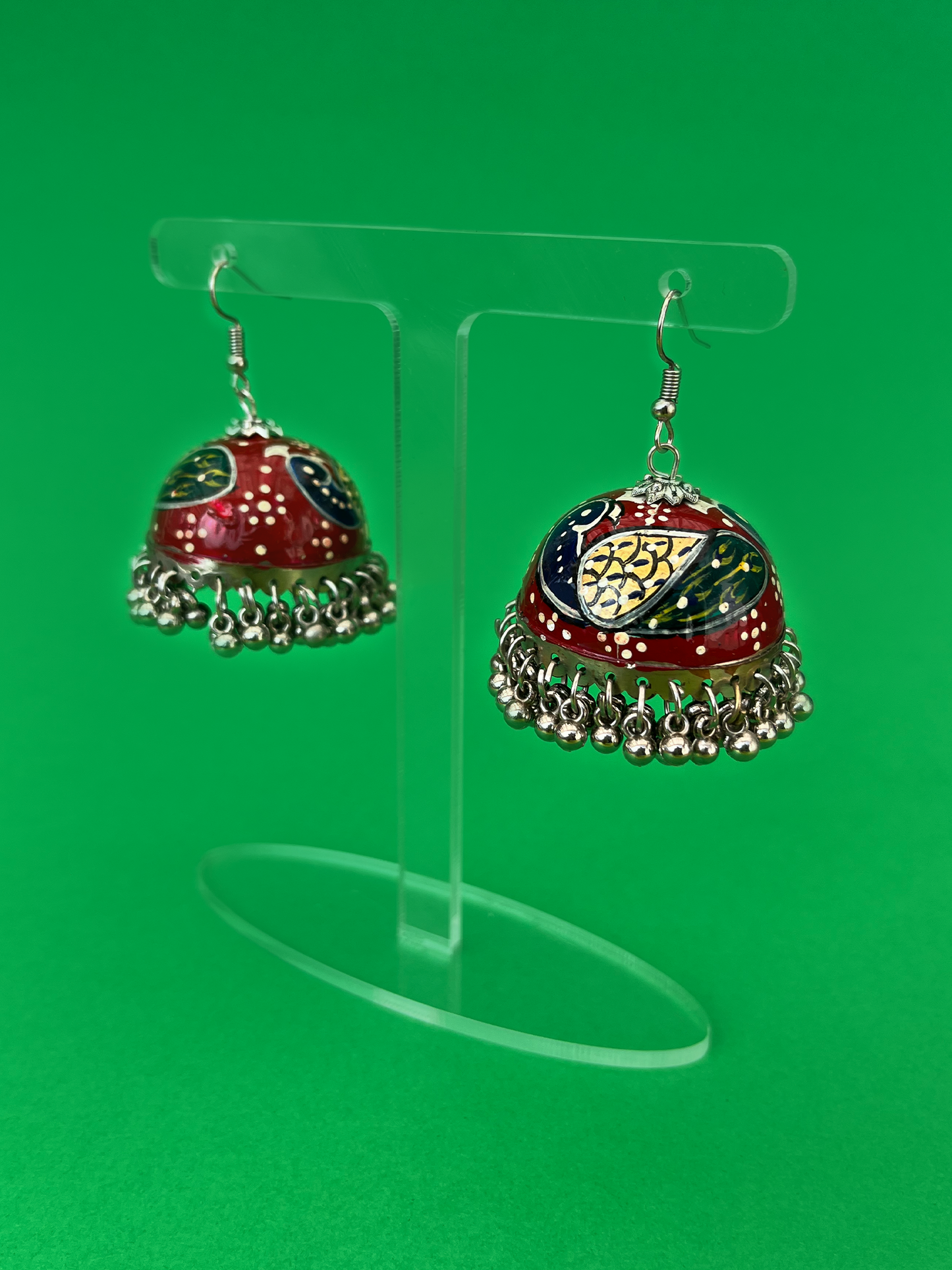 Maroon Peacock-Design Hand-Painted Silver-Plated Jhoomka