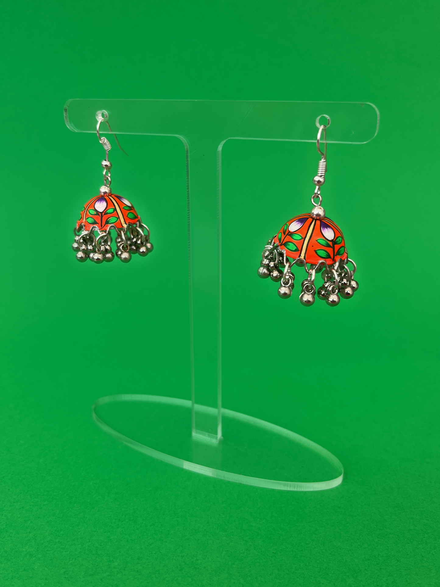 Mini Orange and Green Hand-Painted Silver-Plated Jhoomka with Hook