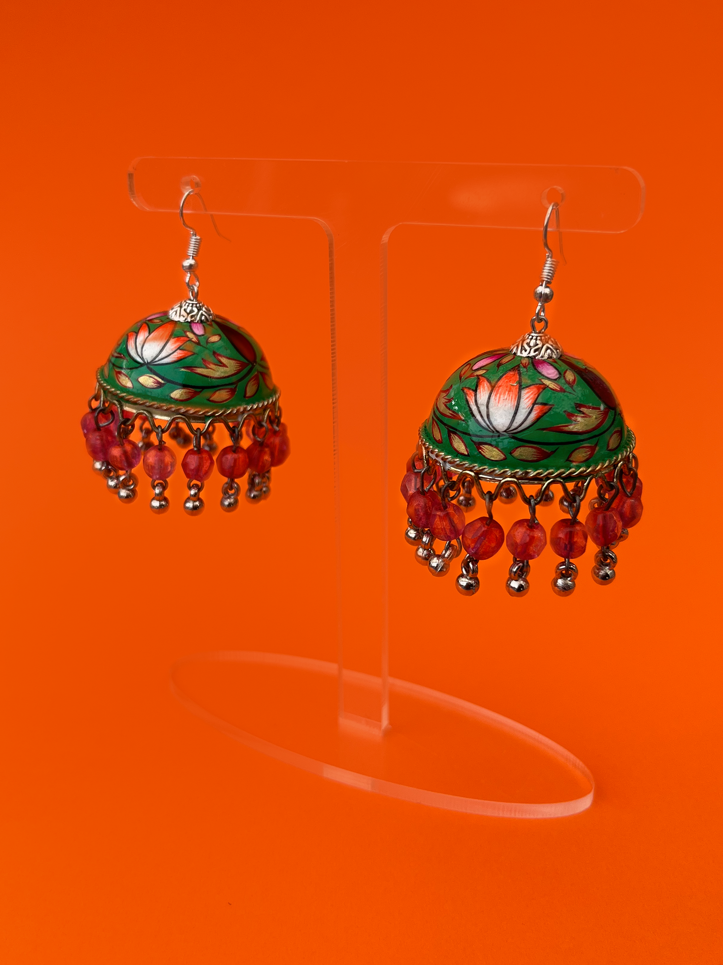 Green Hand-Painted Silver-Plated Jhoomka with Hook and Pink Beads