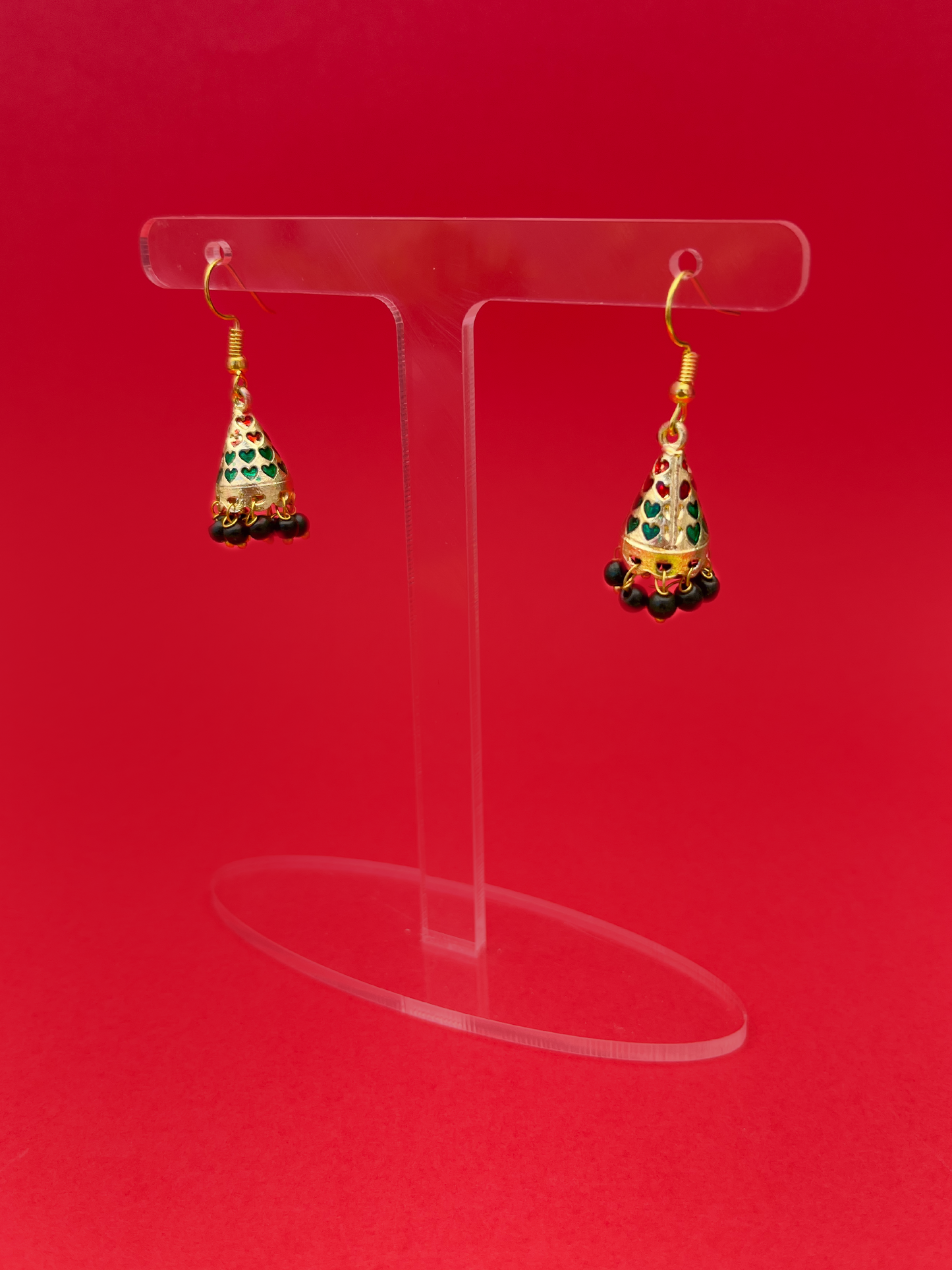 Green and Red-Heart Cone-Shaped Gold-Plated Mini Jhoomka with Hook