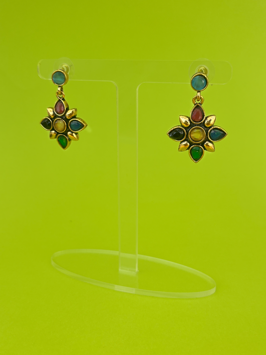 Flower-Shaped Gold-Plated Earring with Multicoloured Stones