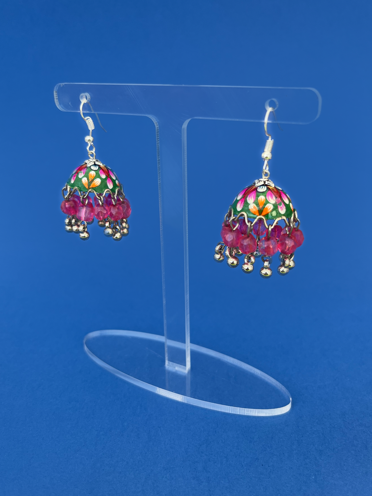 Mini Green and Orange Hand-Painted Silver-Plated Jhoomka with Hook (Pink Beads)