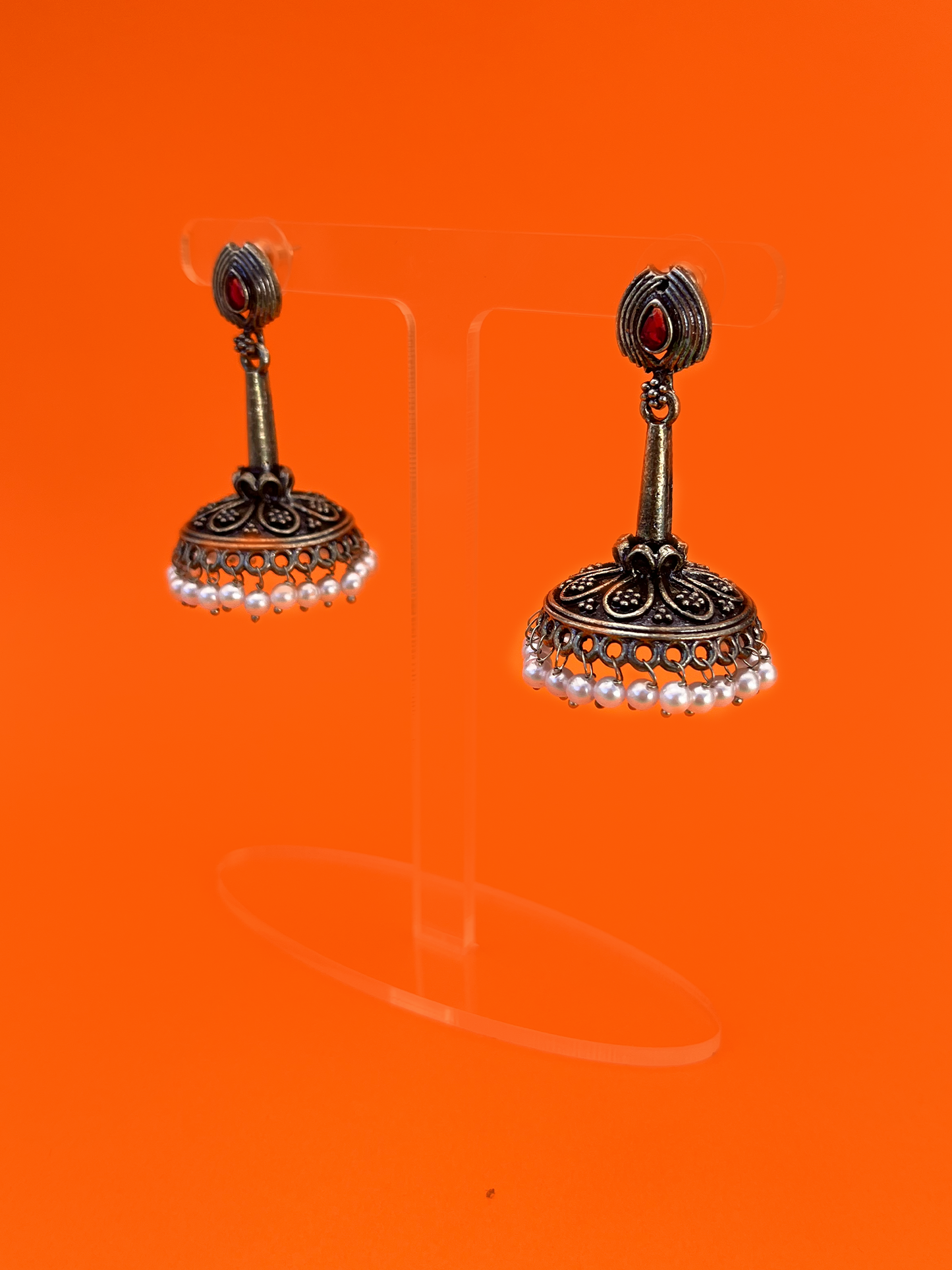 Silver-Plated Oxidised Long Jhoomka with Pink Stone