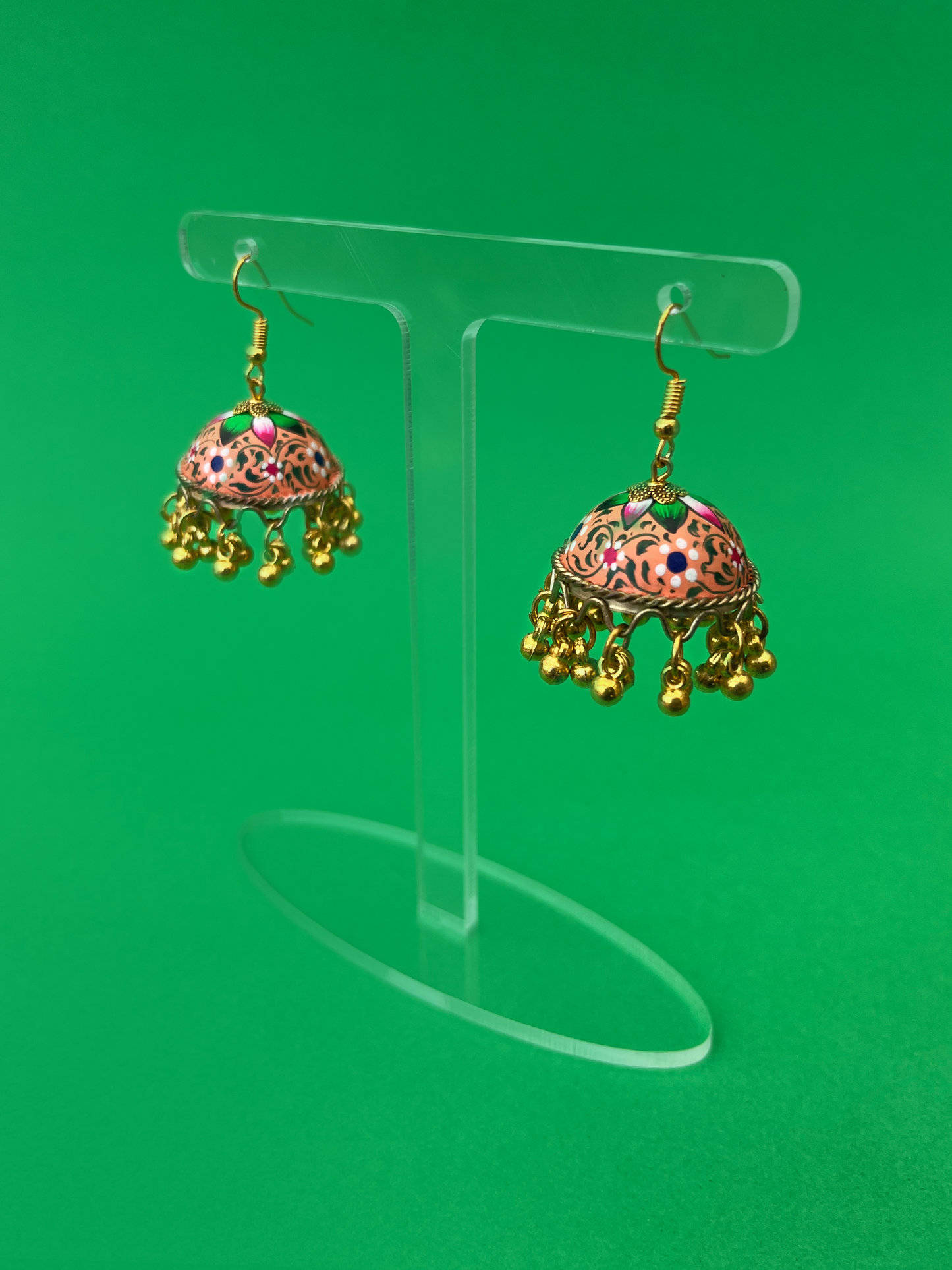 Light Orange Hand-Painted Gold-Plated Jhoomka with Flower Design and Hook