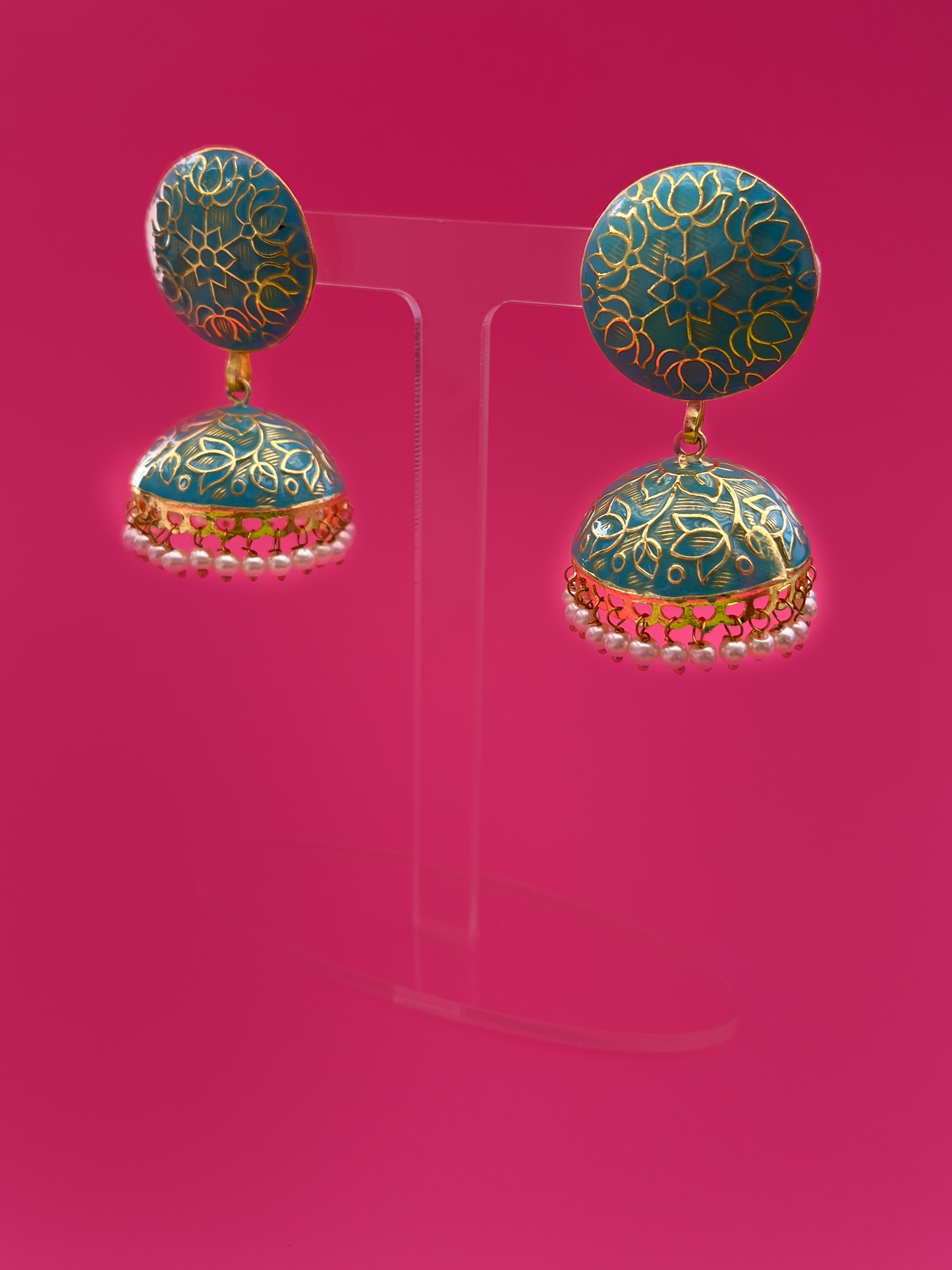 Large Sky Blue Meenakari Jhoomka with Floral Design