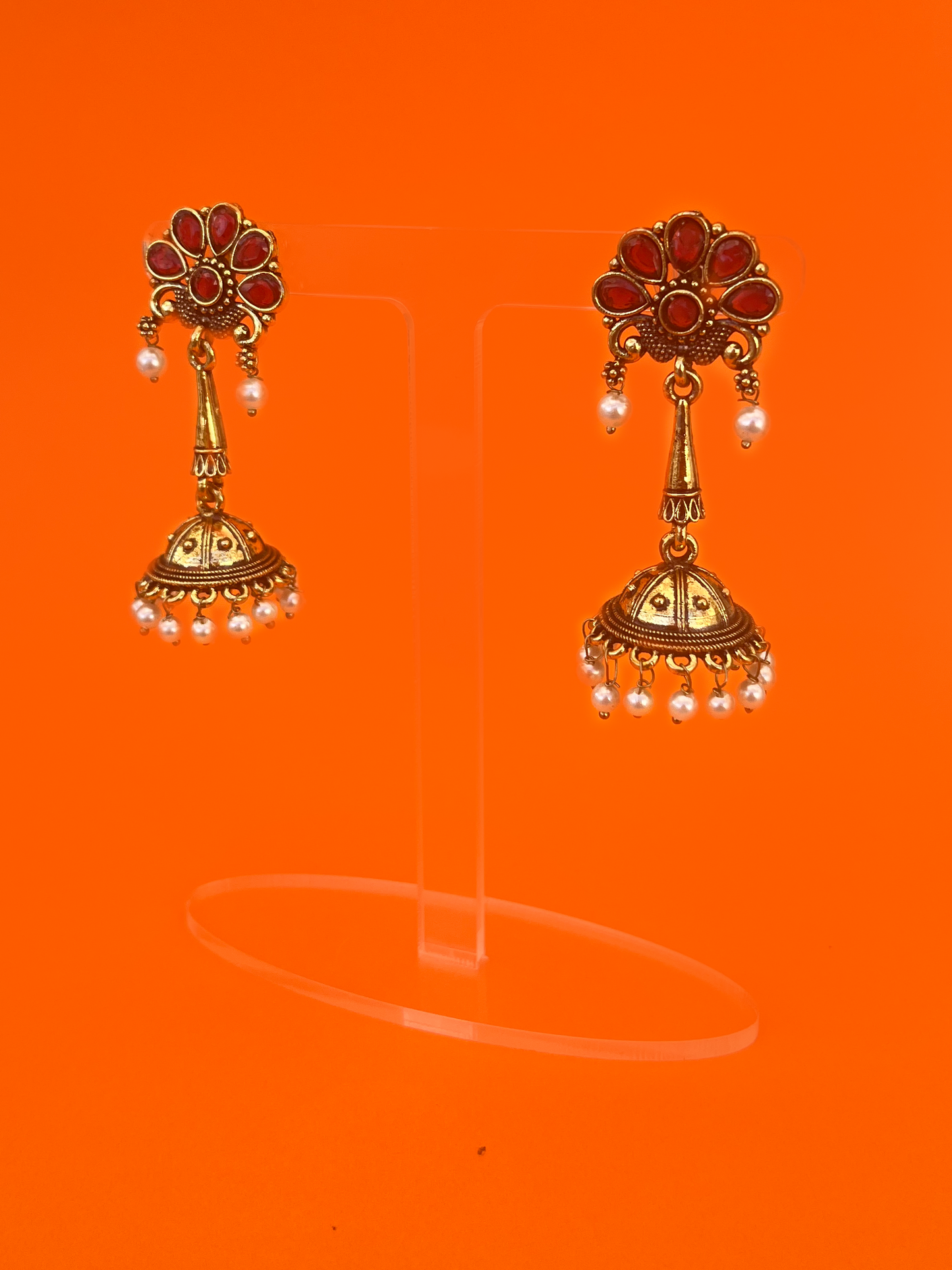 Floral-Style Gold-Plated Jhoomka with Red Stones