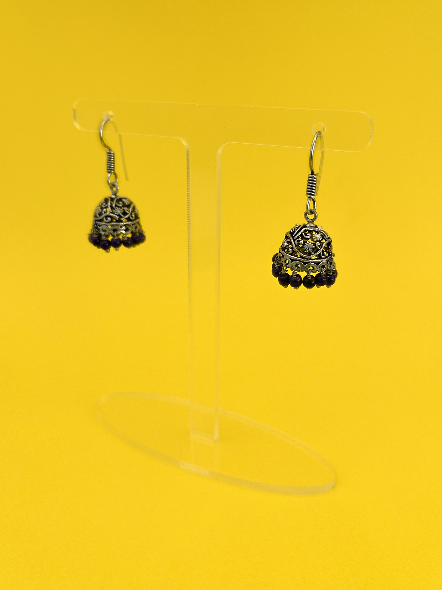 Mini Oxidised Silver-Plated Jhoomka with Blue Beads