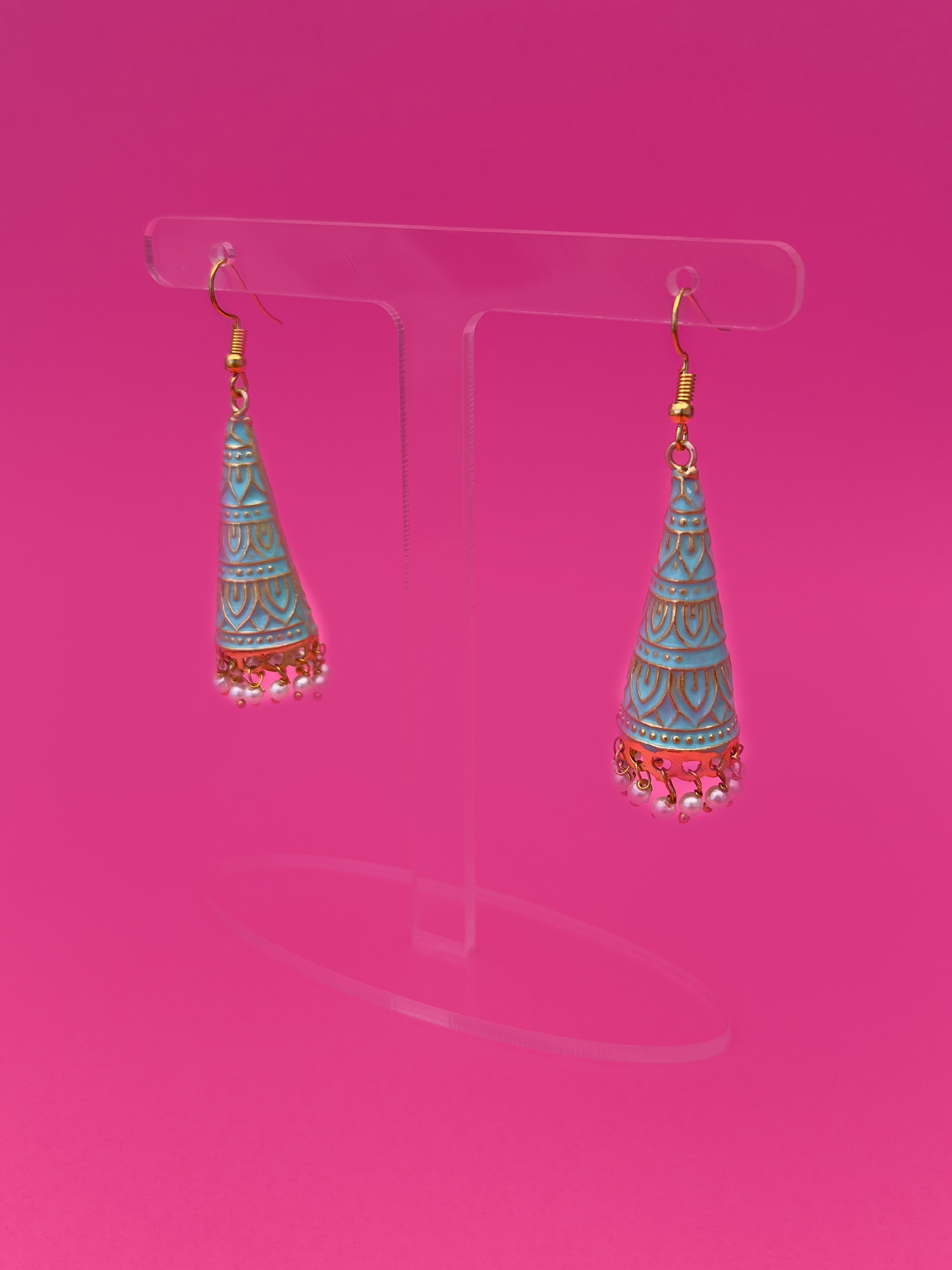 Aqua Blue Cone-Shaped Meenakari Jhoomka with Hook