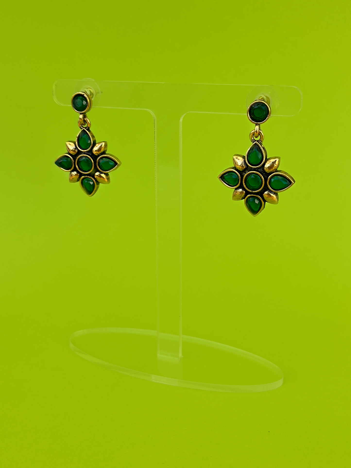 Flower-Shaped Gold-Plated Earring with Green Stones