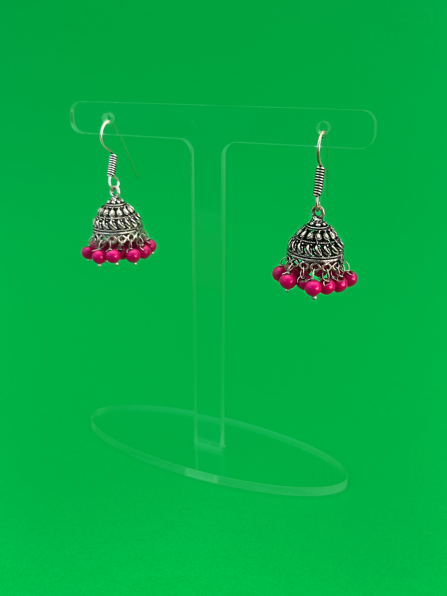 Mini Oxidised Silver-Plated Jhoomka with Pink Beads and Hook