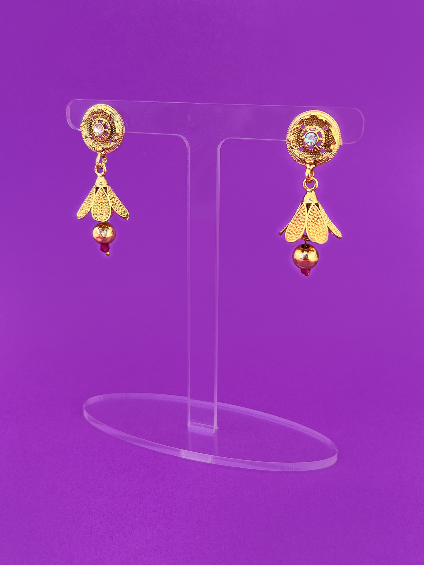 Gold-Plated Flower-Design Jhoomka with Pink Stones