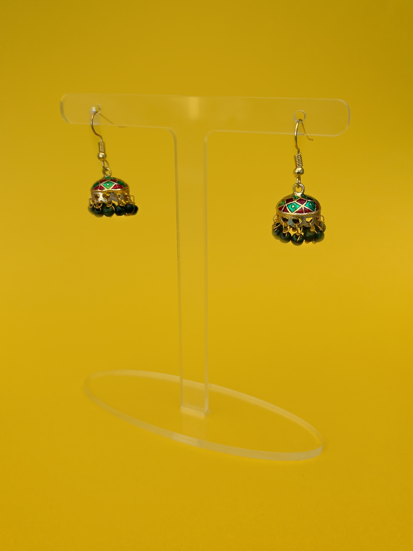 Mini Red and Green-Painted Gold-Plated Jhoomka with Dark Green Beads and Hook