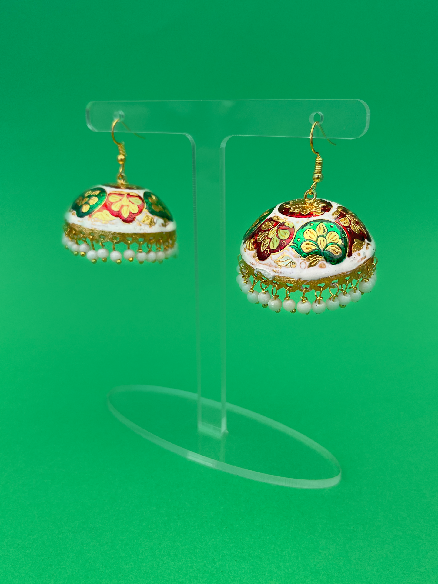 White-Painted Gold-Plated Meenakari Jhoomka with White Beads and Hook