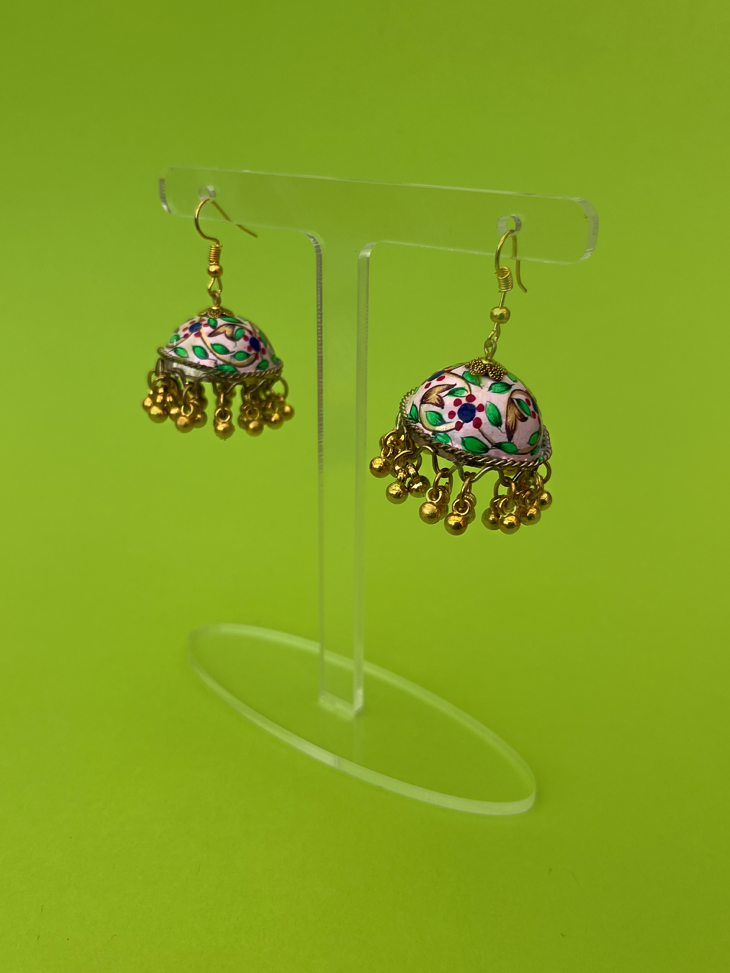 Light Pink and Green Hand-Painted Gold-Plated Jhoomka with Hook