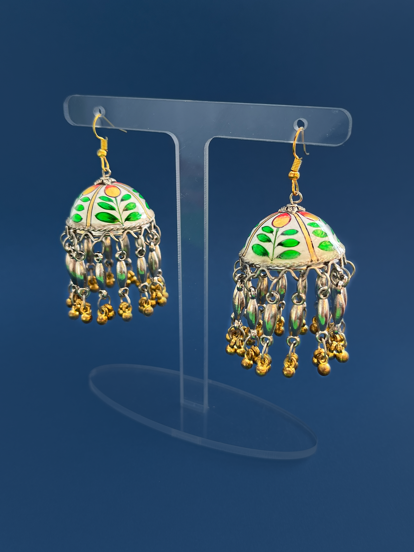 White and Green Hand-Painted Jhoomka with Assorted Beads