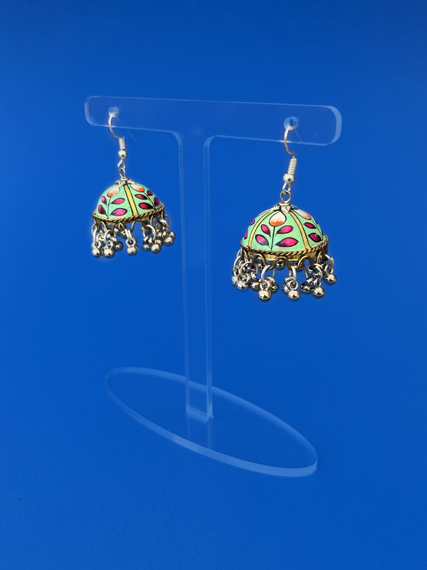 Aquamarine Green and Gold Hand-Painted Silver-Plated Jhoomka with Hook