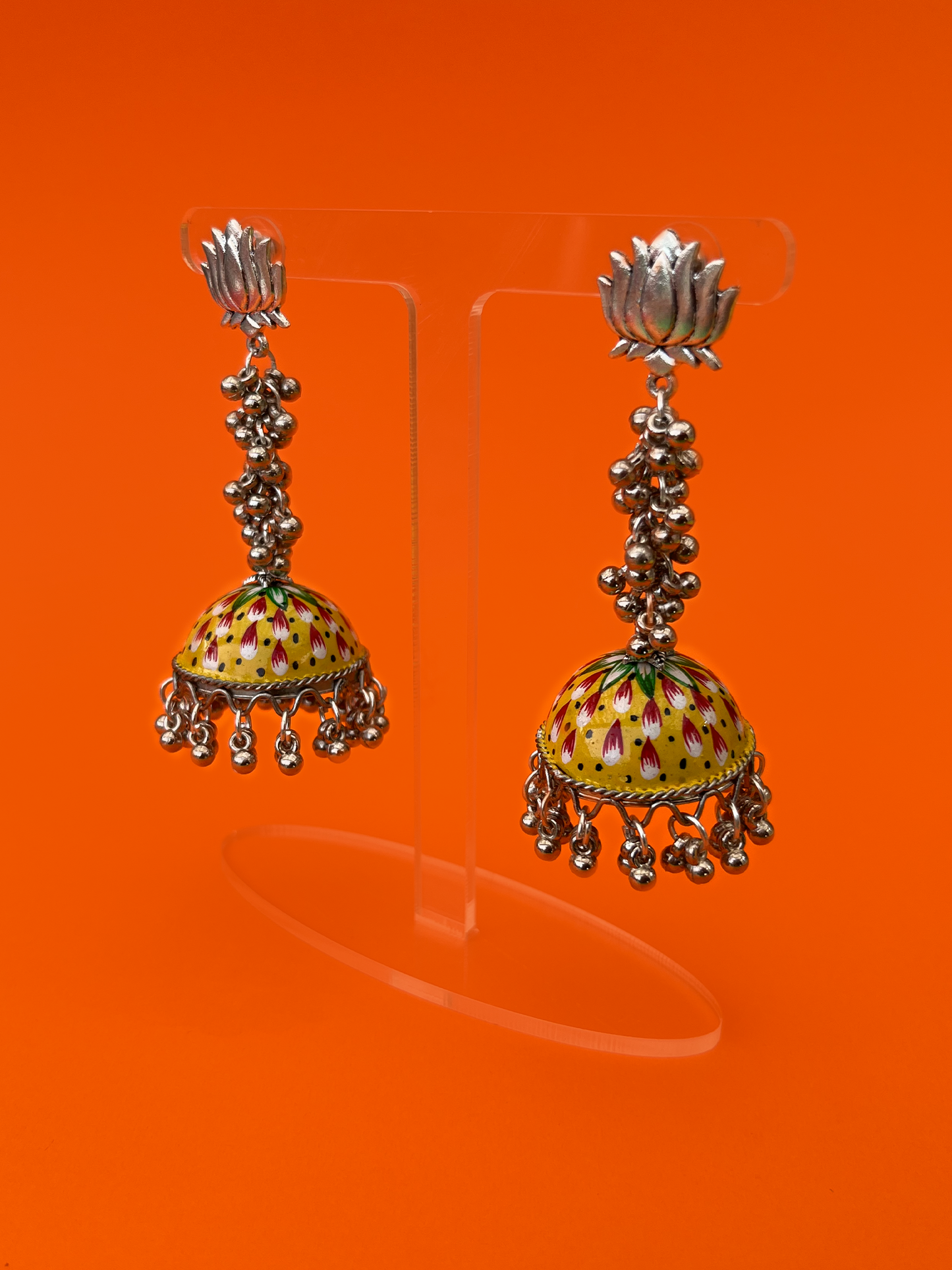 Yellow and Red Hand-Painted Silver-Plated Meenakari Jhoomka with Flat Post