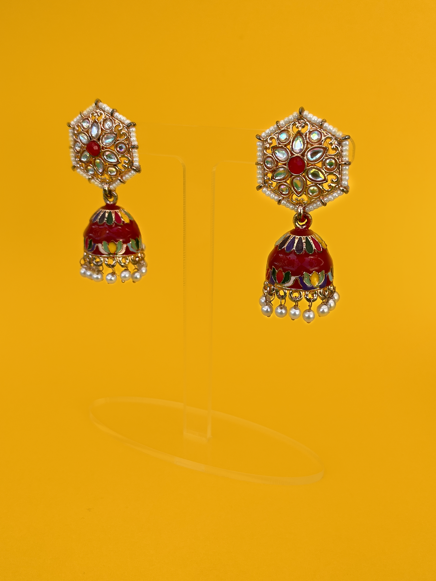 Red Hand-Painted Gold-Plated Kundan Jhoomka