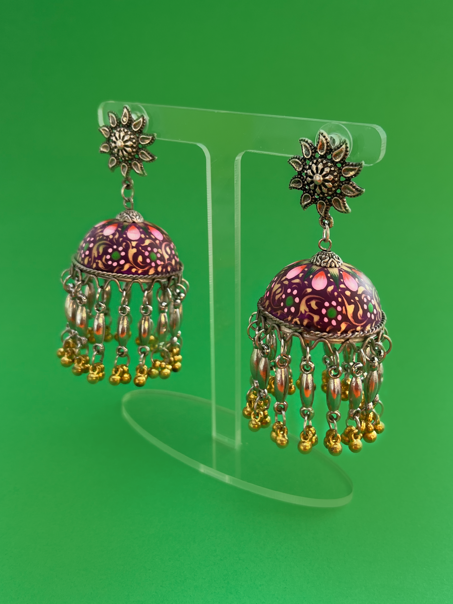 Dark Purple and Gold Hand-Painted Jhoomka with Assorted Beads