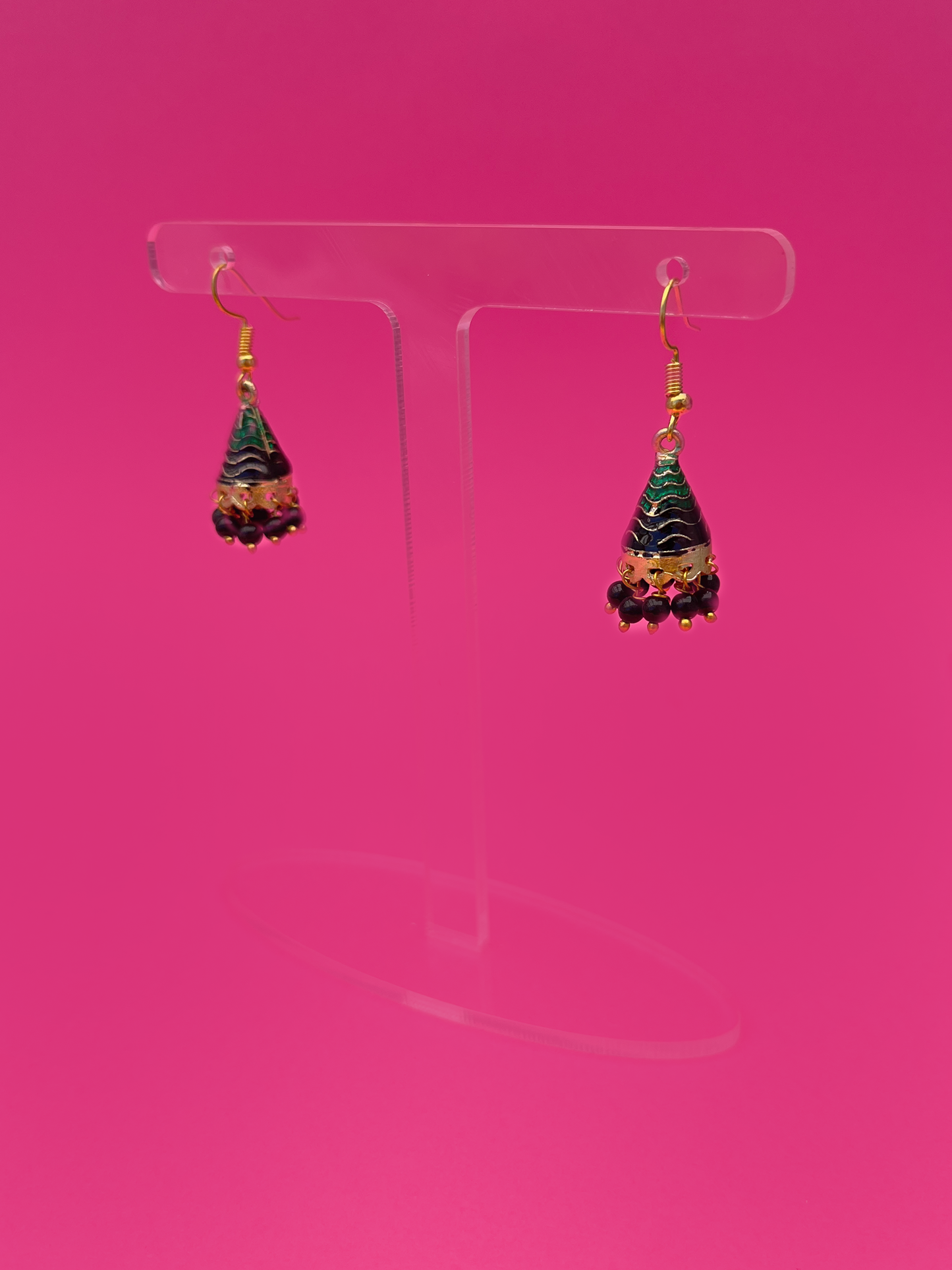 Black and Green Cone-Shaped Gold-Plated Mini Jhoomka with Hook