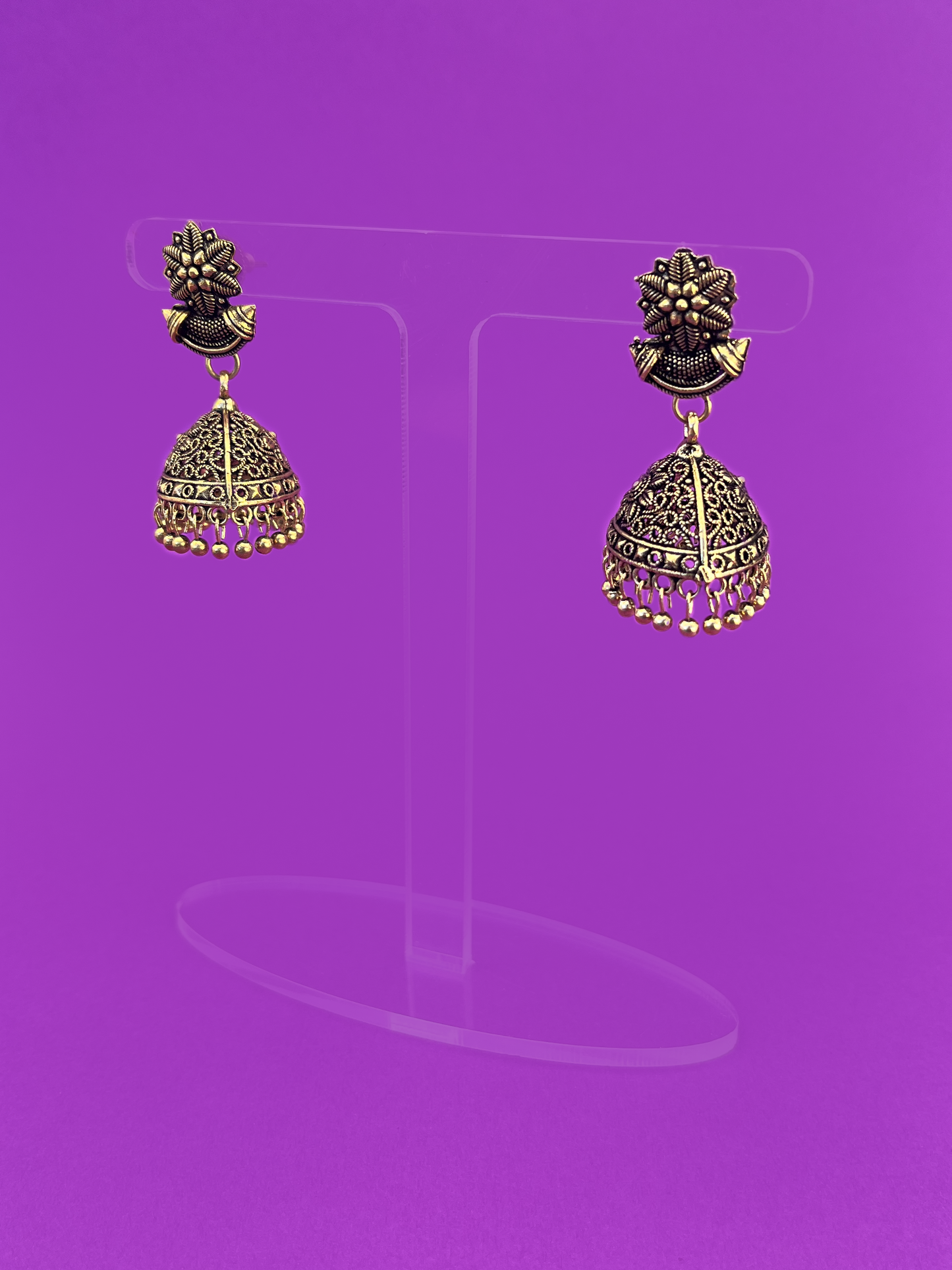 Floral-Design Gold-Plated Oxidised Jhoomka with Stem