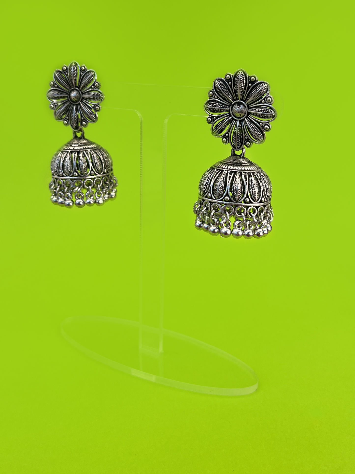 Silver-Plated Flower-Design Jhoomka with Stem