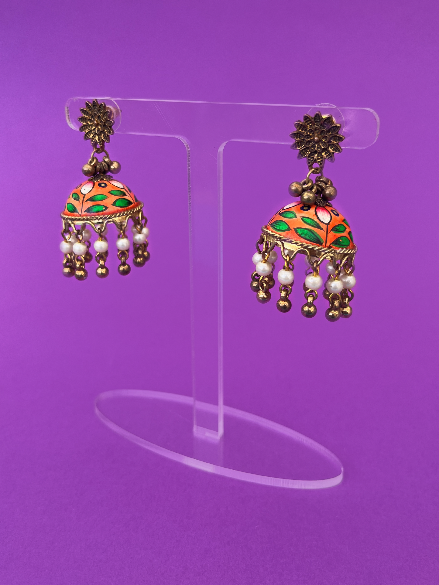 Orange and Green Hand-Painted Gold-Plated Jhoomka with Flat Post